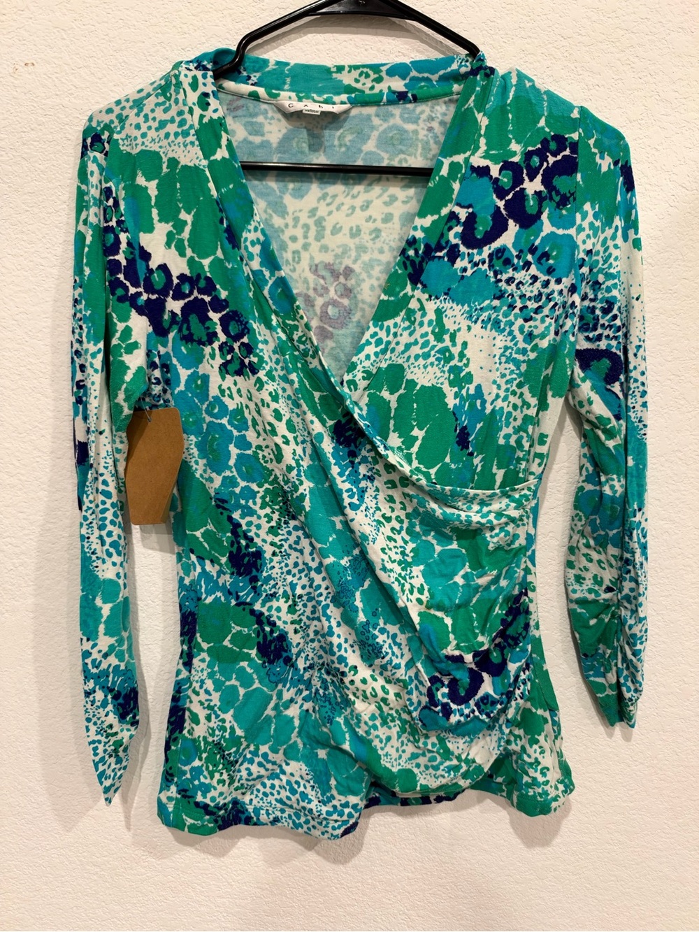 CAbi Green and blue Floral Wrap Long Sleeve Top